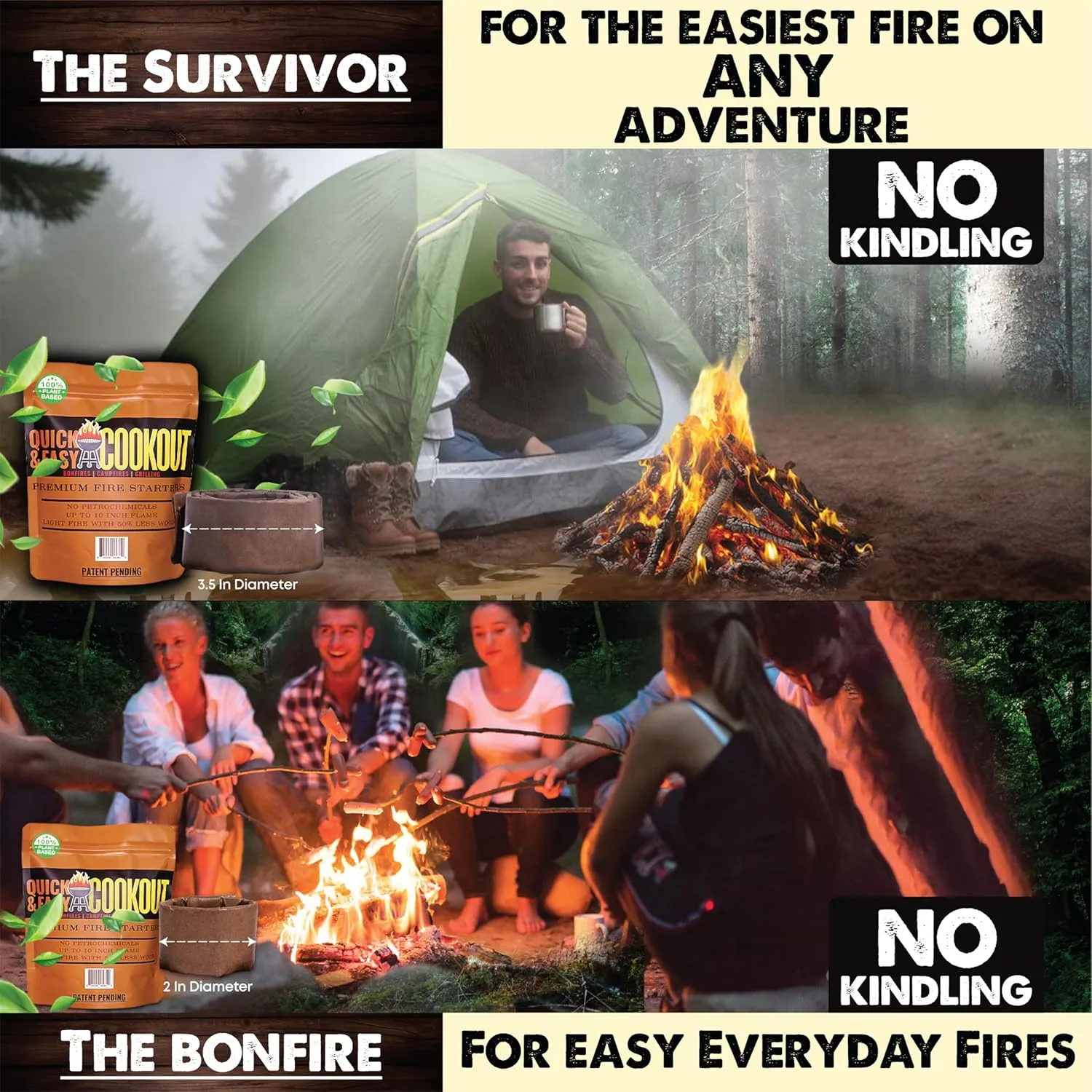 Light Clean Fires With Zero Effort and Light Wet Wood In Windy Conditions | Start Wood Stoves With No Kindling With Patent-Pending Starters. For Fire Pit, Campfires, Fireplace, Bonfires, Survival, BBQ