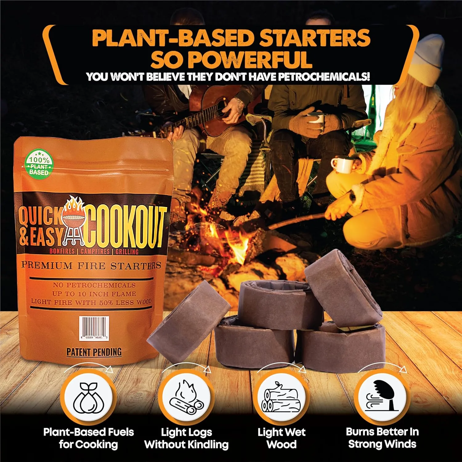Light Wet/Frozen Logs in Windy Conditions & Start Fires with Only Large Logs with Patent-Pending Starters | Plant-Based Fuels Only | Never Split Wood Again. for Fire Pit, Fireplace, Camping, Survival