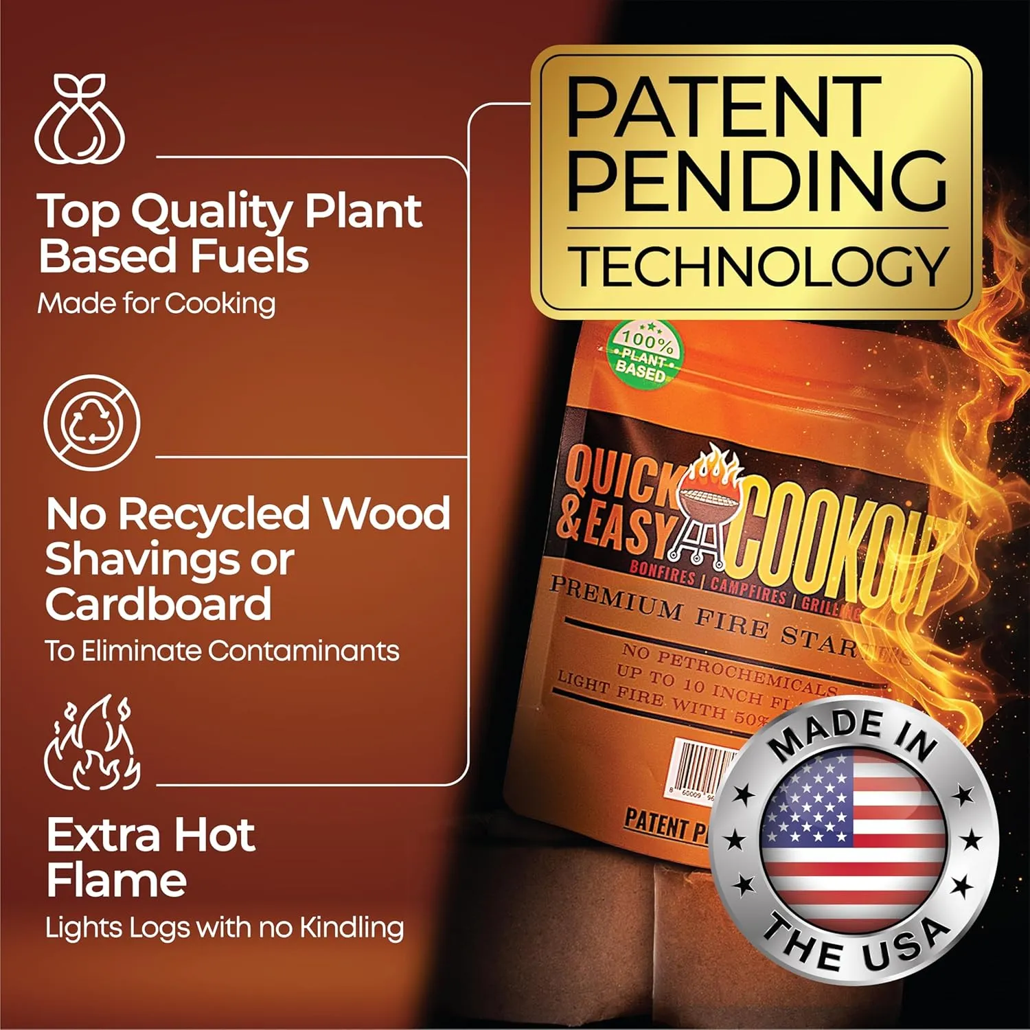 Light Wet/Frozen Logs in Windy Conditions & Start Fires with Only Large Logs with Patent-Pending Starters | Plant-Based Fuels Only | Never Split Wood Again. for Fire Pit, Fireplace, Camping, Survival