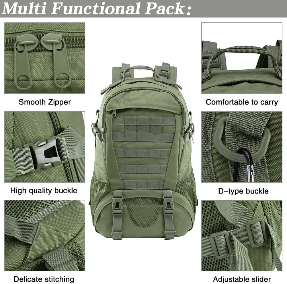 LIMHOO Tactical Backpack for Men Military Molle Bag Hiking Day Pack 27L Army Waterproof EDC Rucksack with USA Flag Patch (Army Green)
