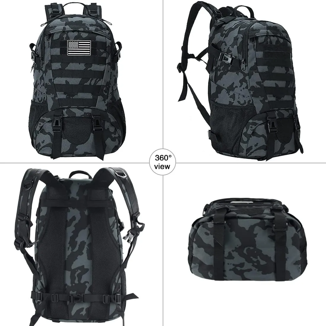 LIMHOO Tactical Backpack for Men Military Molle Bag Hiking Day Pack 27L Army Waterproof EDC Rucksack with USA Flag Patch (Black CP)