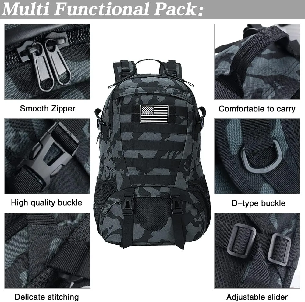 LIMHOO Tactical Backpack for Men Military Molle Bag Hiking Day Pack 27L Army Waterproof EDC Rucksack with USA Flag Patch (Black CP)