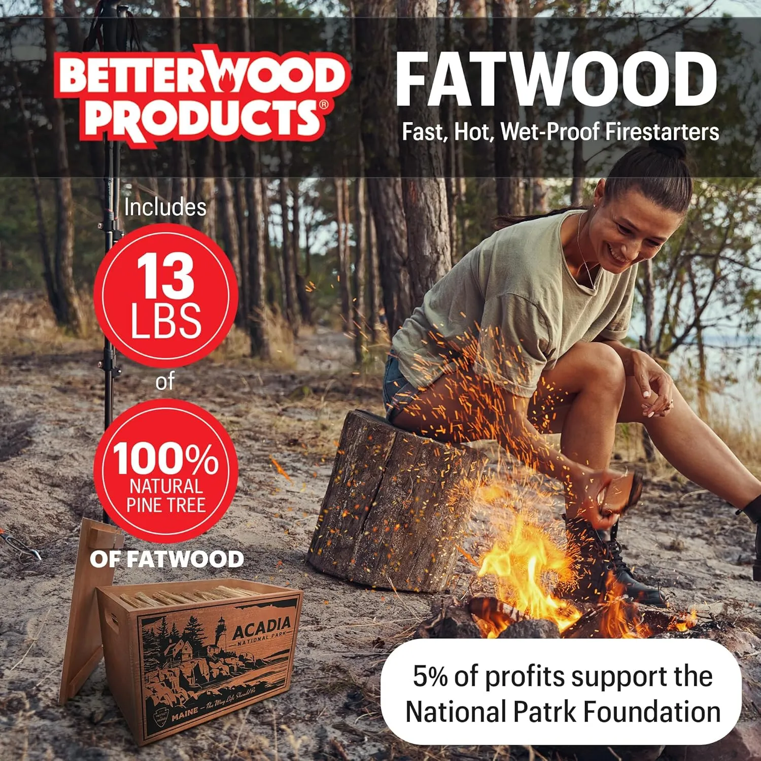 Limited Edition Protect The Parks Series All Natural Fatwood Fire Starter Sticks, 13 Pound Wooden Crate, Acadia Box