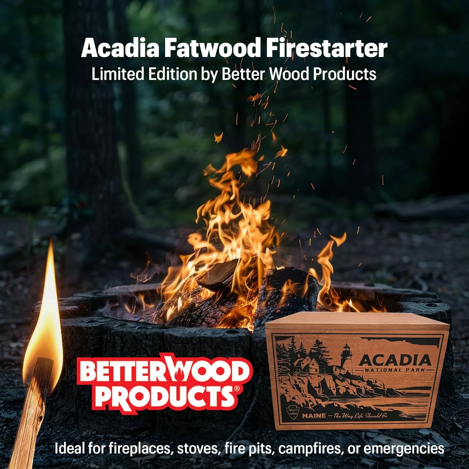 Limited Edition Protect The Parks Series All Natural Fatwood Fire Starter Sticks, 13 Pound Wooden Crate, Acadia Box