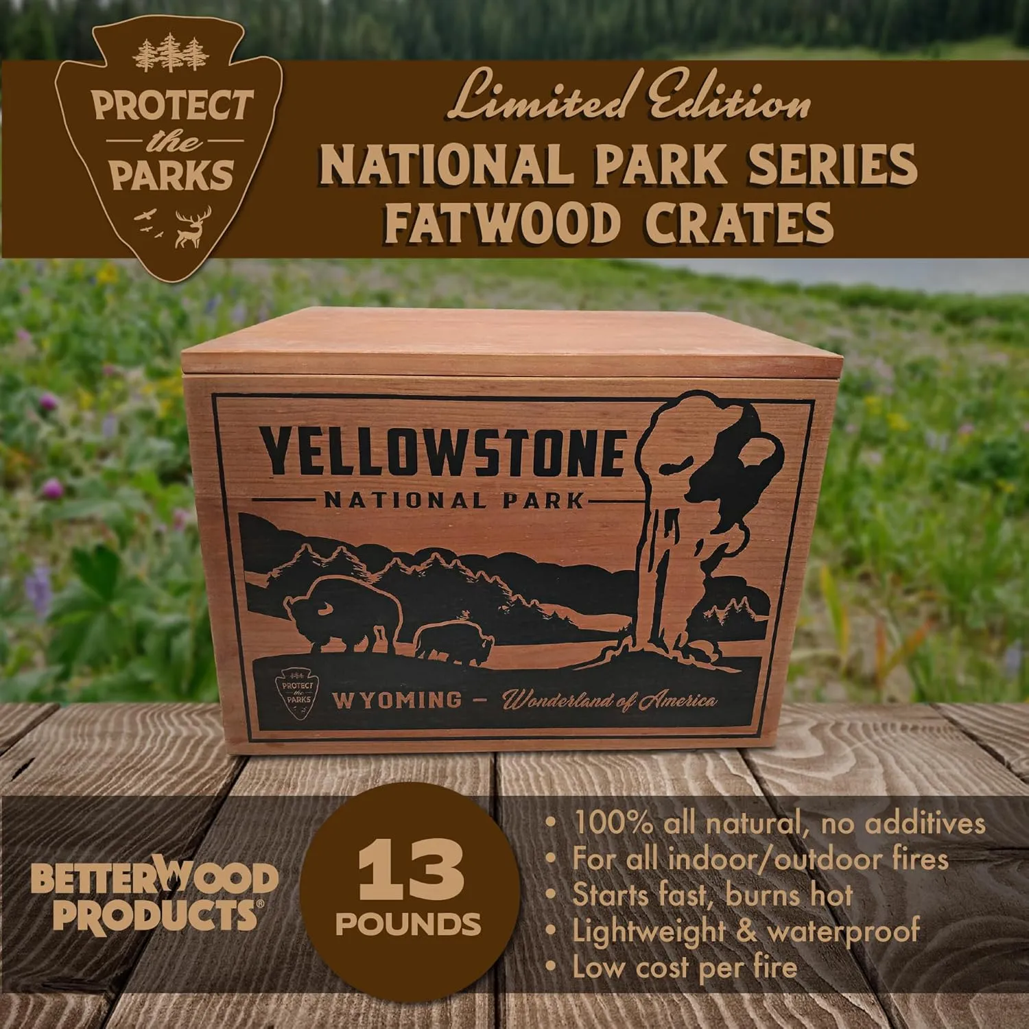 Limited Edition Protect The Parks Series All Natural Fatwood Fire Starter Sticks, 13 Pound Wooden Crate, Yellowstone