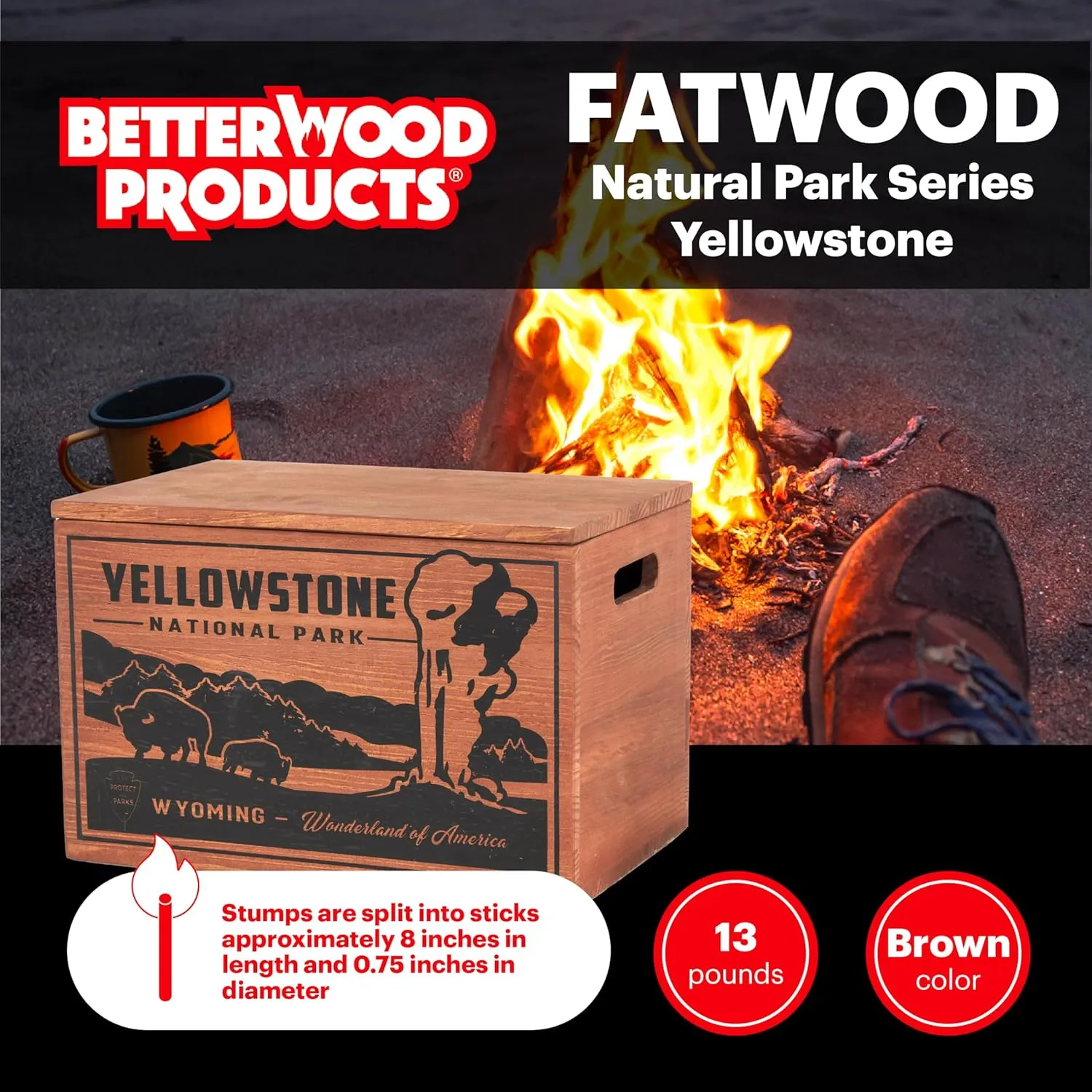 Limited Edition Protect The Parks Series All Natural Fatwood Fire Starter Sticks, 13 Pound Wooden Crate, Yellowstone