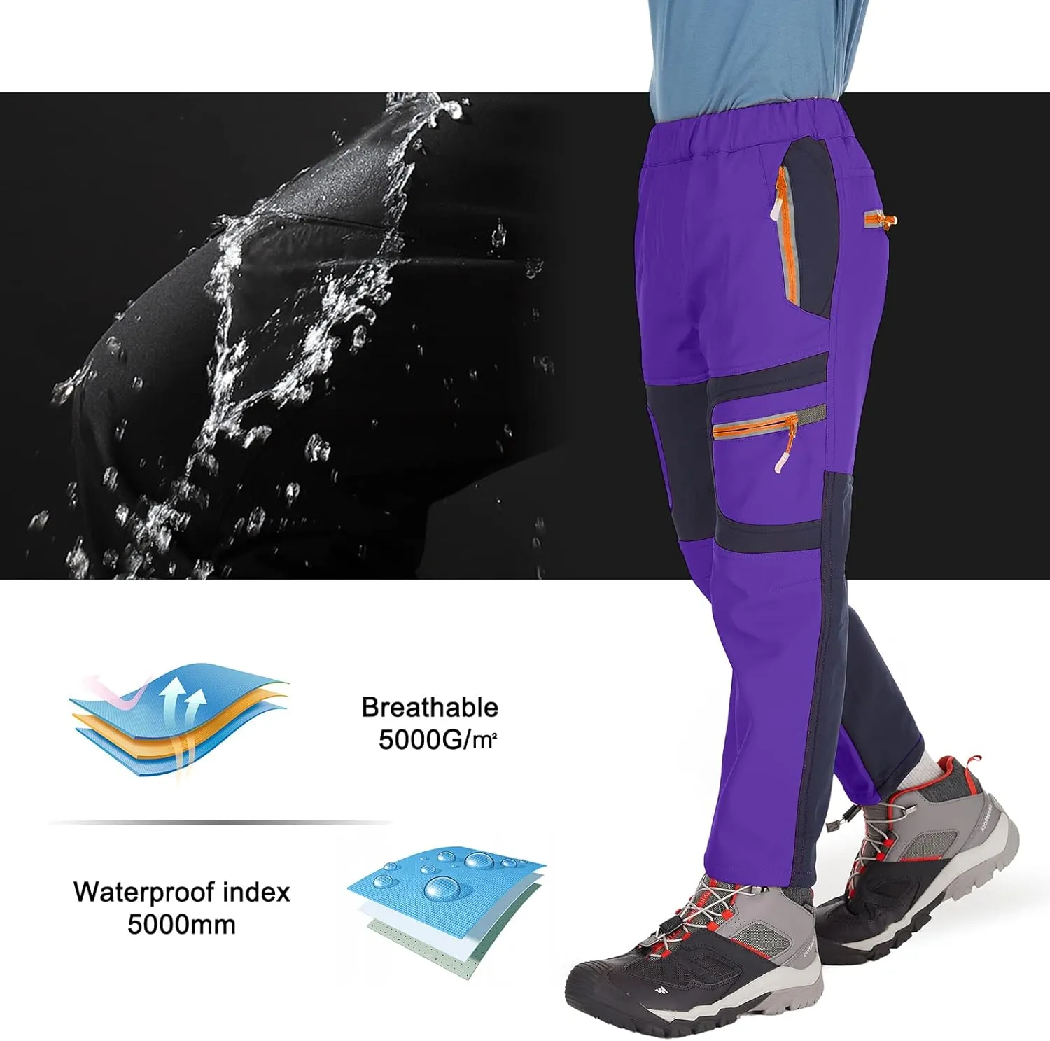 linlon Kids Boy's Snow Waterproof Pants Youth Fleece Lind Hiking Softshell Warm Insulated Trousers