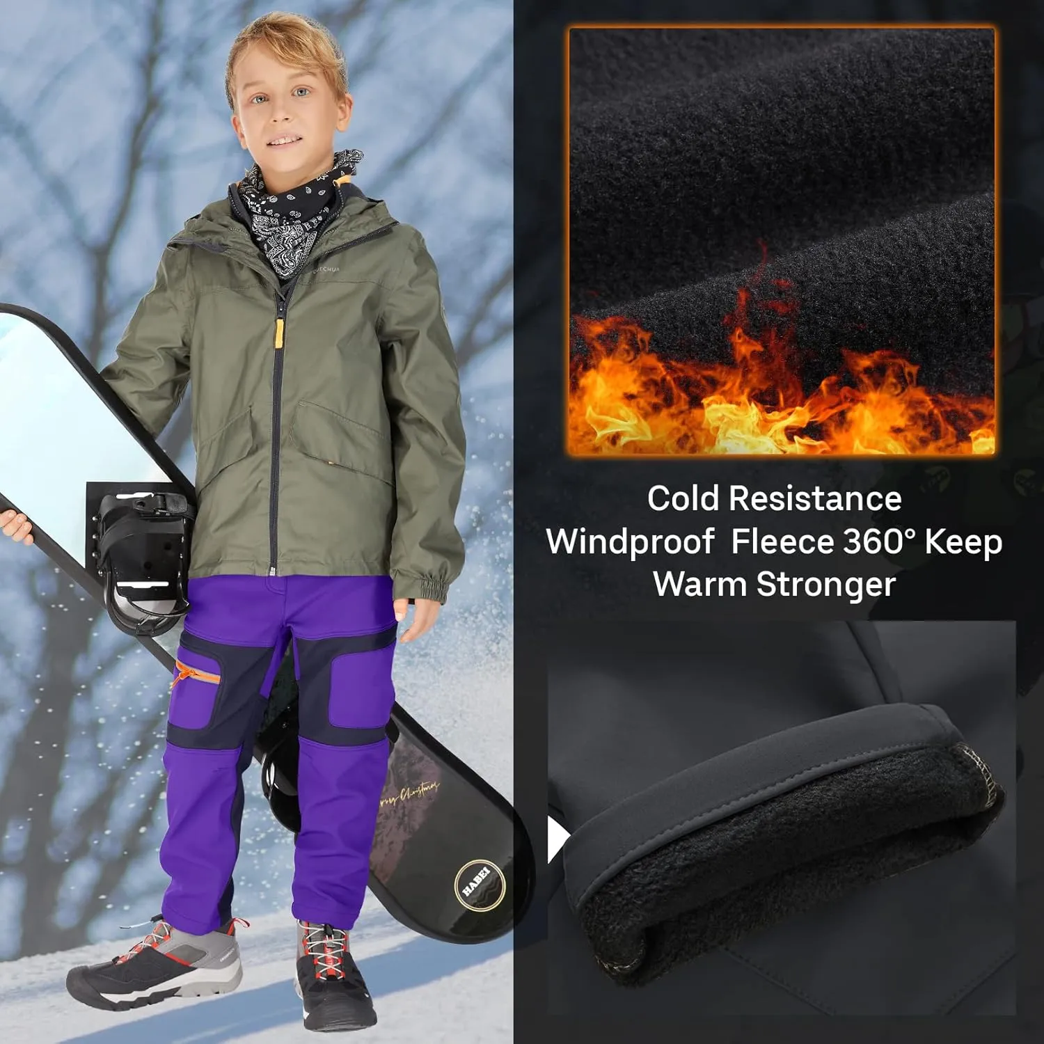 linlon Kids Boy's Snow Waterproof Pants Youth Fleece Lind Hiking Softshell Warm Insulated Trousers