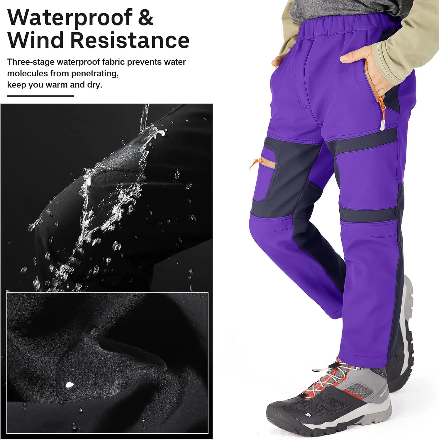 linlon Kids Boy's Snow Waterproof Pants Youth Fleece Lind Hiking Softshell Warm Insulated Trousers