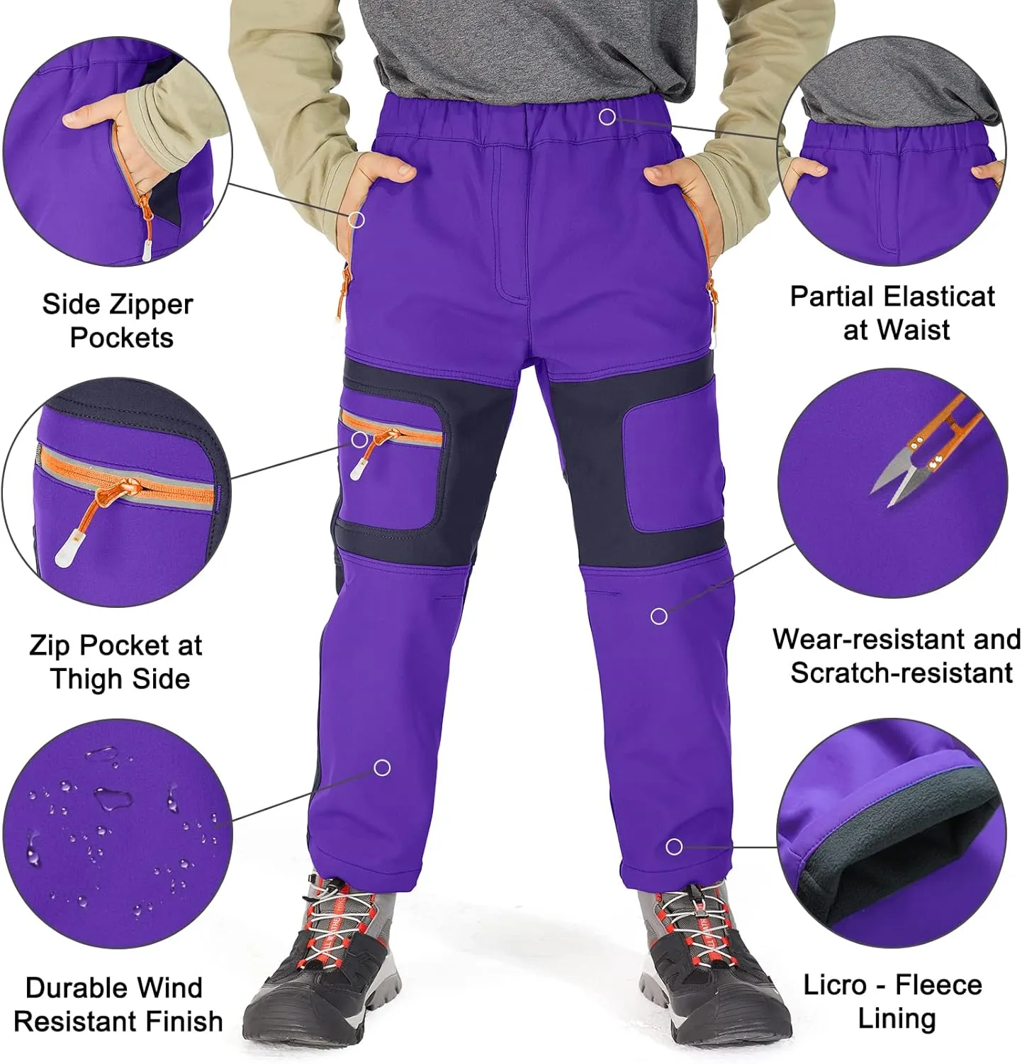 linlon Kids Boy's Snow Waterproof Pants Youth Fleece Lind Hiking Softshell Warm Insulated Trousers