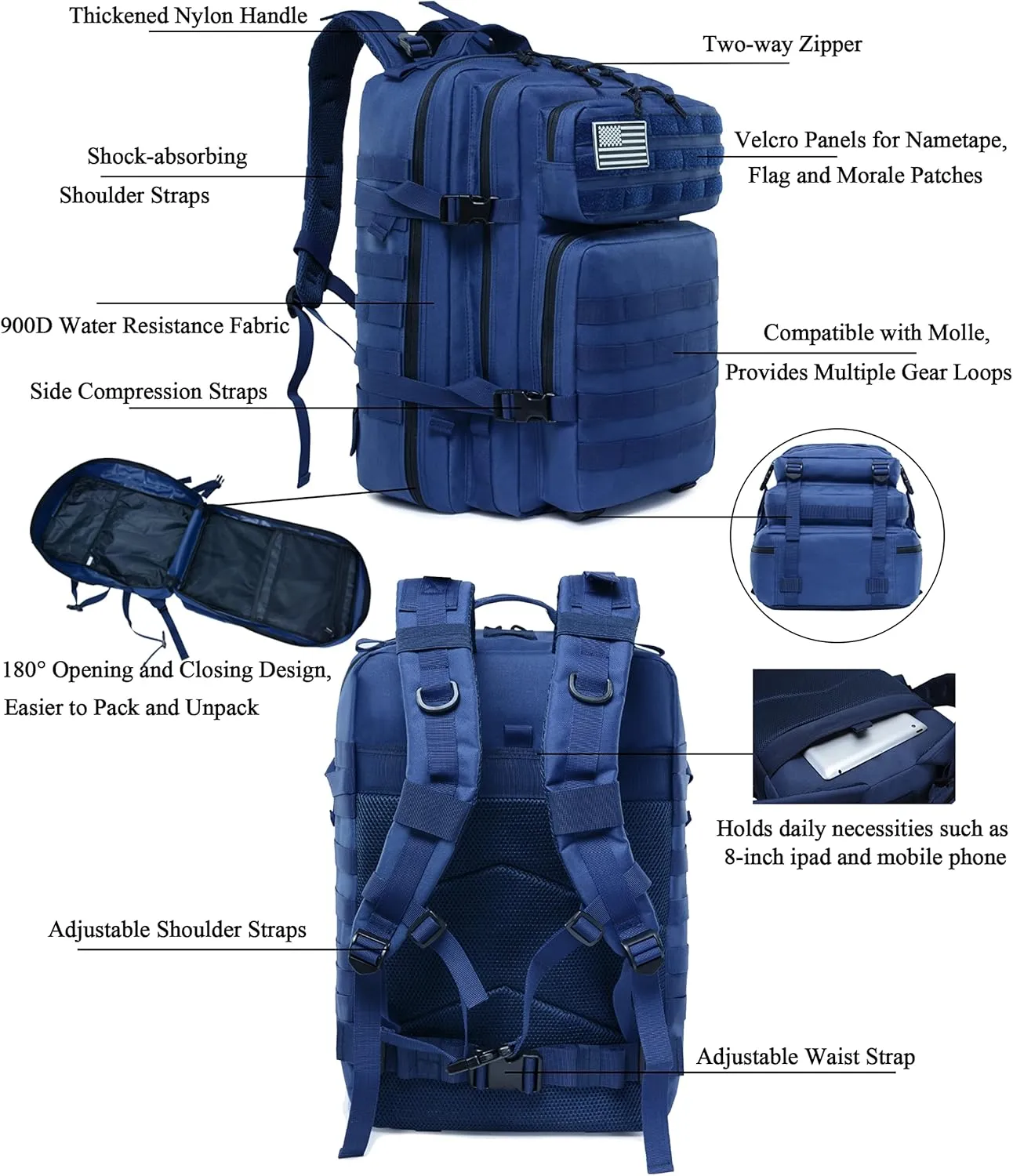 Long Keeper Military Tactical Backpack - Men 45L 3 Days Large Army Molle System Camping Hiking Bags Rucksack (Black)