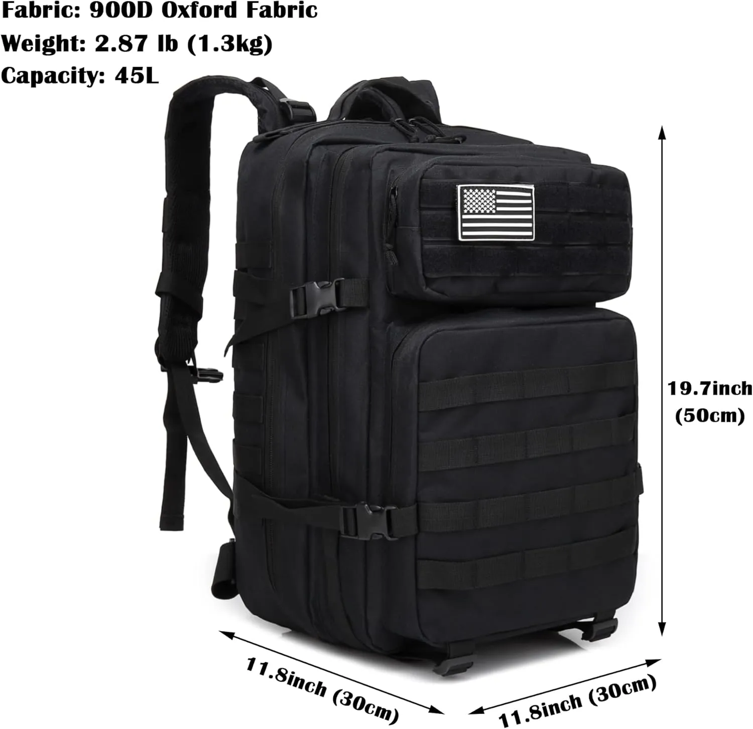 Long Keeper Military Tactical Backpack - Men 45L 3 Days Large Army Molle System Camping Hiking Bags Rucksack (Black)
