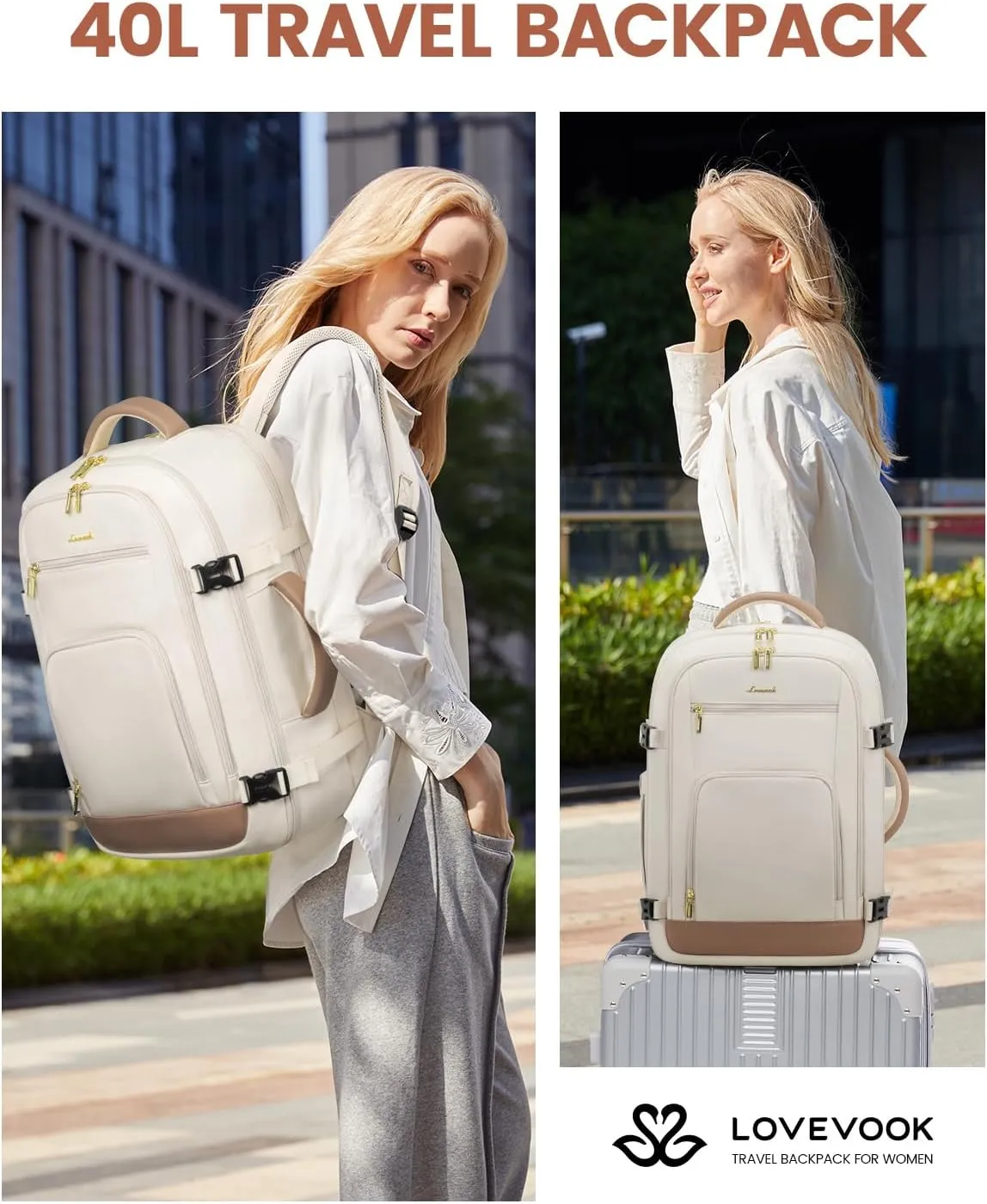 LOVEVOOK 50L Large Travel Backpack for Women Flight Approved, Carry on Backpack for Airplanes, Personal Item Travel Bag, Waterproof 18 Inch Laptop Backpack, Business Weekender Overnight Daypack, 4Pcs