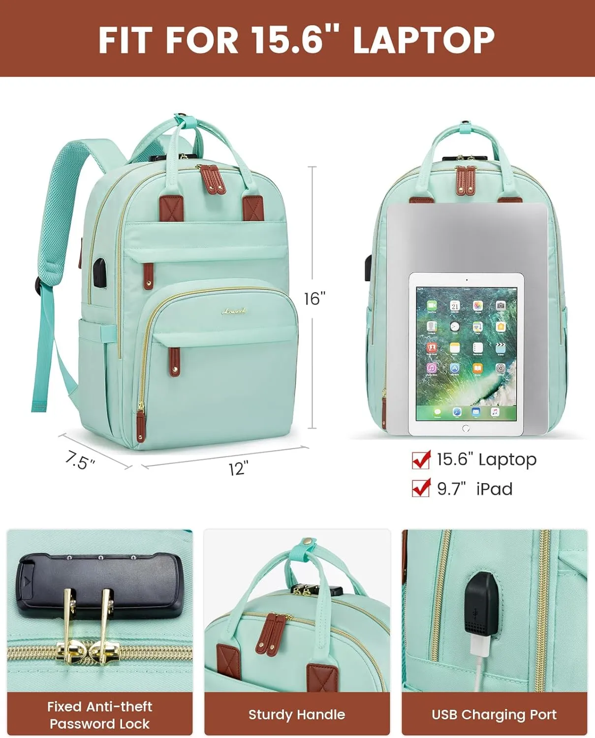 LOVEVOOK Laptop Backpack Purse for Women with 15.6-inch Laptop Compartment, Large Travel Anti-theft Work Bags with Lock, Business Computer College Backpacks, Casual Daypack with USB Port, Red Brown