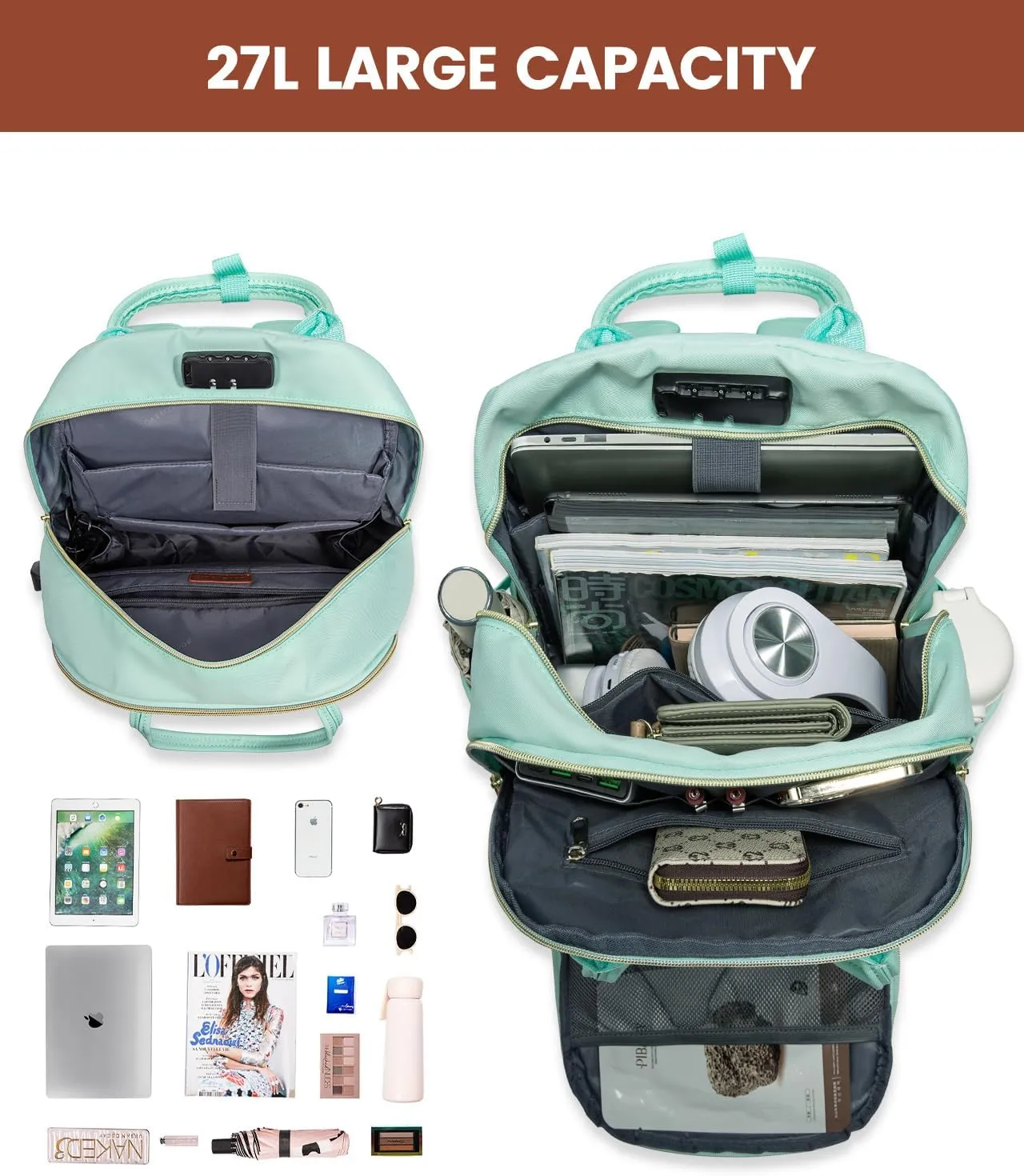 LOVEVOOK Laptop Backpack Purse for Women with 15.6-inch Laptop Compartment, Large Travel Anti-theft Work Bags with Lock, Business Computer College Backpacks, Casual Daypack with USB Port, Red Brown