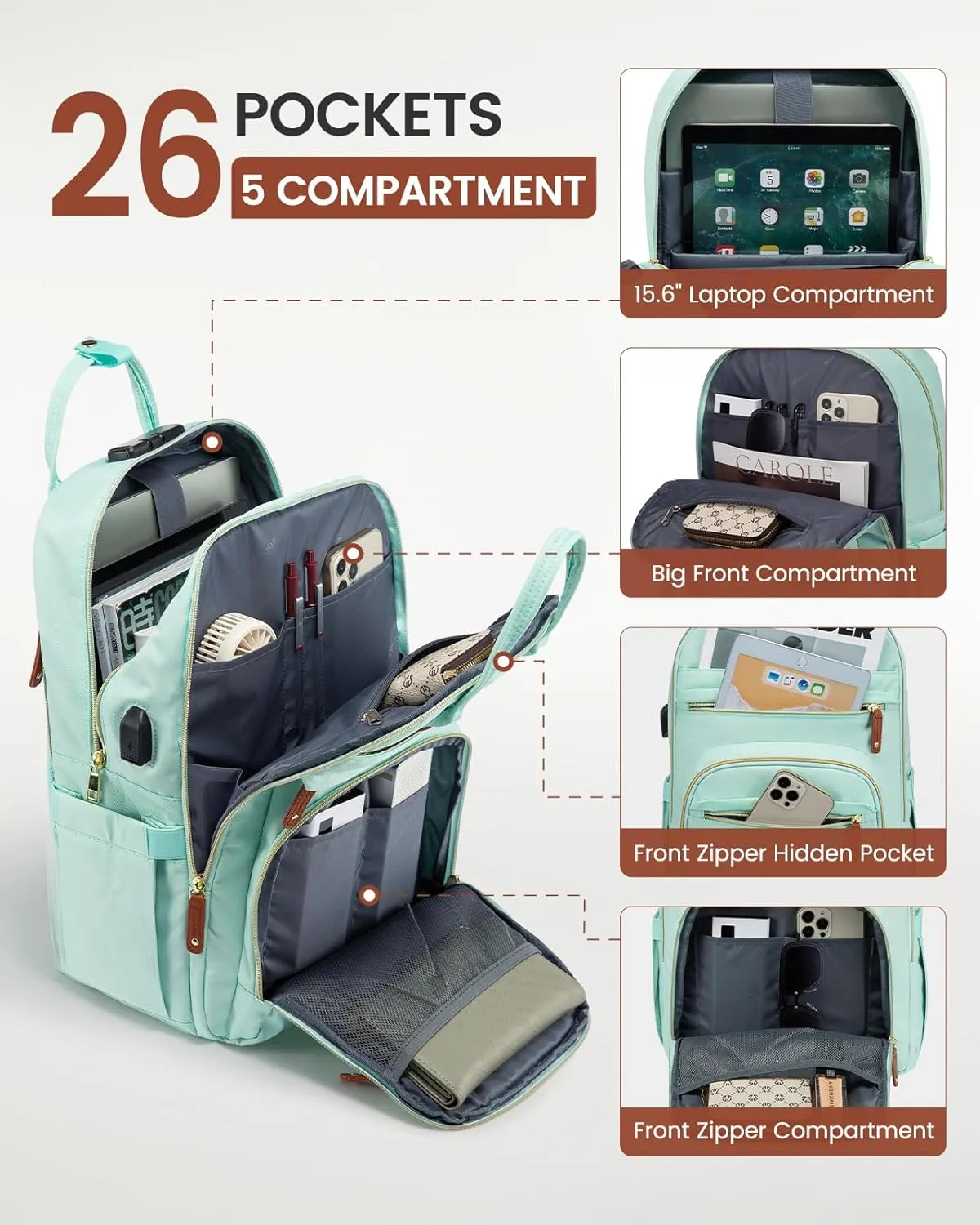 LOVEVOOK Laptop Backpack Purse for Women with 15.6-inch Laptop Compartment, Large Travel Anti-theft Work Bags with Lock, Business Computer College Backpacks, Casual Daypack with USB Port, Red Brown
