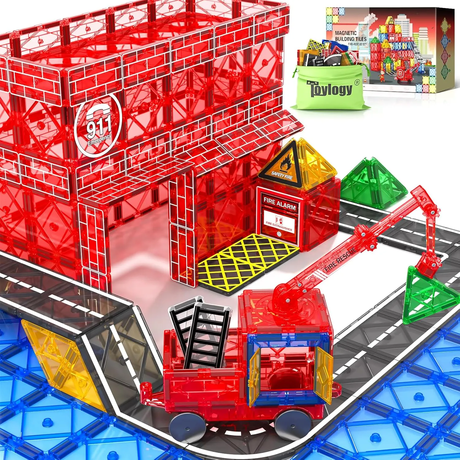Magnetic Tiles Road Set with Magnetic Crane Edition, Magnet Building City Fire Kids Car Toys for 3 4 5 6 7 Years Old Boys Girls, Magworld Kids Games Construction STEM Toys for Boys Gifts