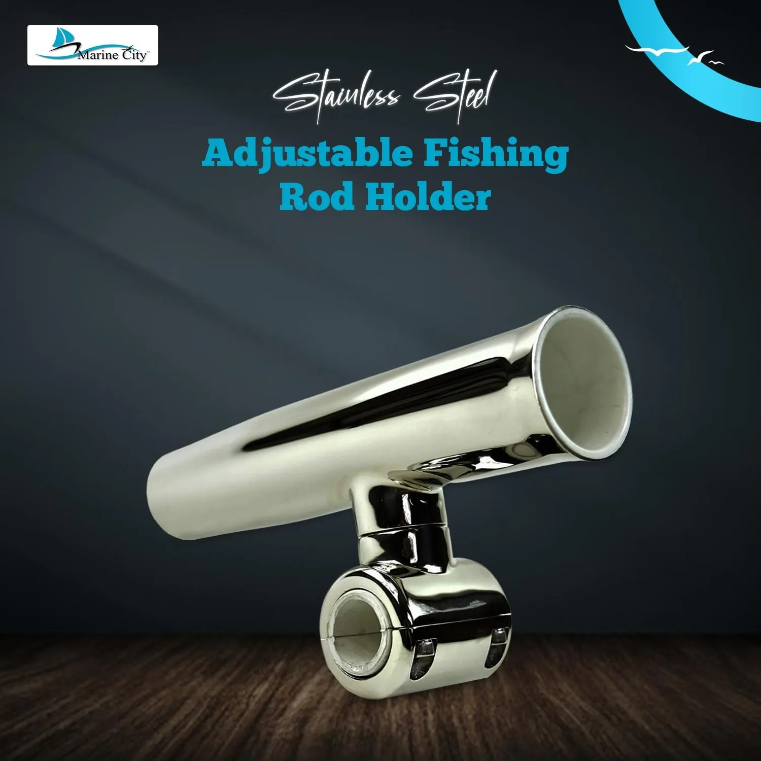 MARINE CITY Adjustable Fishing Rod Holder, 304 Stainless Steel Clamp-on, Fits 1 Inch to 1-1/4 Inch Rails, Ideal for Marines, Boats, Ships, Yachts