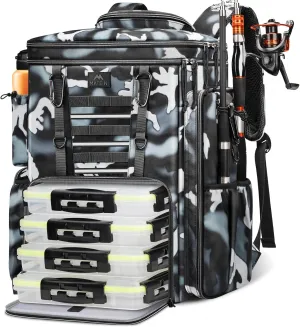 MATEIN Fishing Backpack with Tackle Boxes 3700, Extra Large Heavy Duty Tackle Backpack with Rod Holders & Rain Cover, Fish Bag Cooler Storage Hold 4 Trays Fishing Gear for Deep-sea Kayak, Camouflage