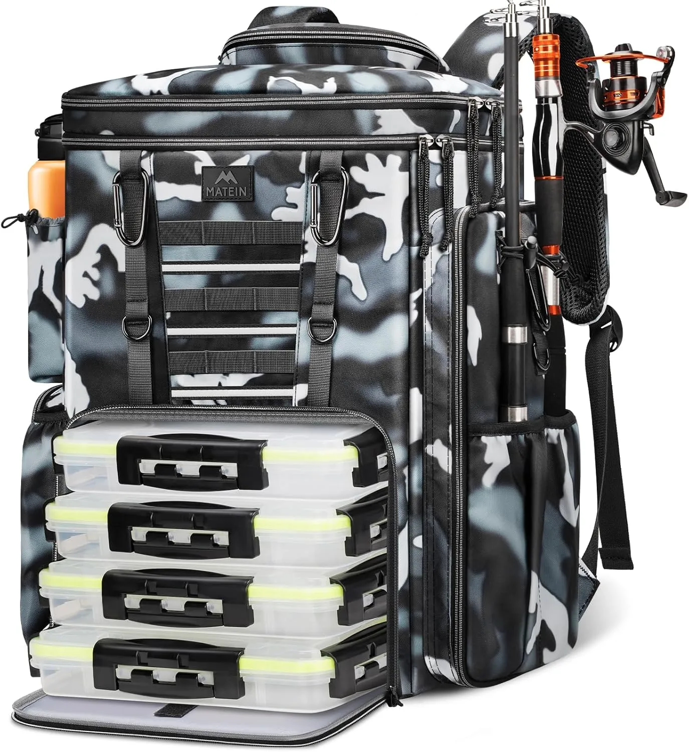 MATEIN Fishing Backpack with Tackle Boxes 3700, Extra Large Heavy Duty Tackle Backpack with Rod Holders & Rain Cover, Fish Bag Cooler Storage Hold 4 Trays Fishing Gear for Deep-sea Kayak, Camouflage