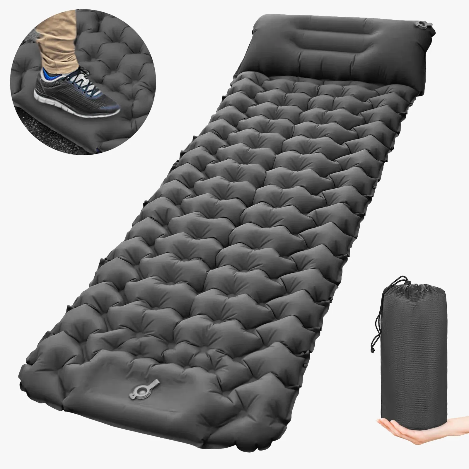 matelas de camping gonflable avec oreiller intégré et pompe