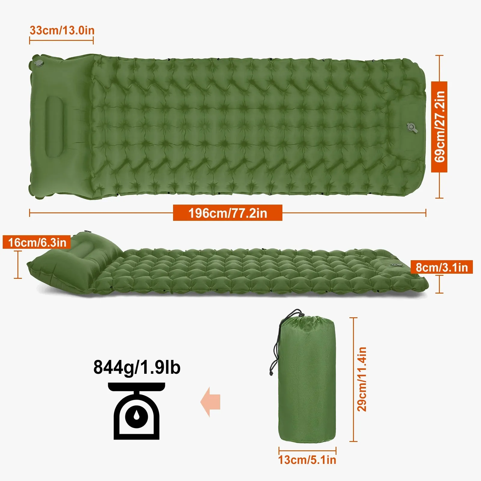 matelas de camping gonflable avec oreiller intégré et pompe