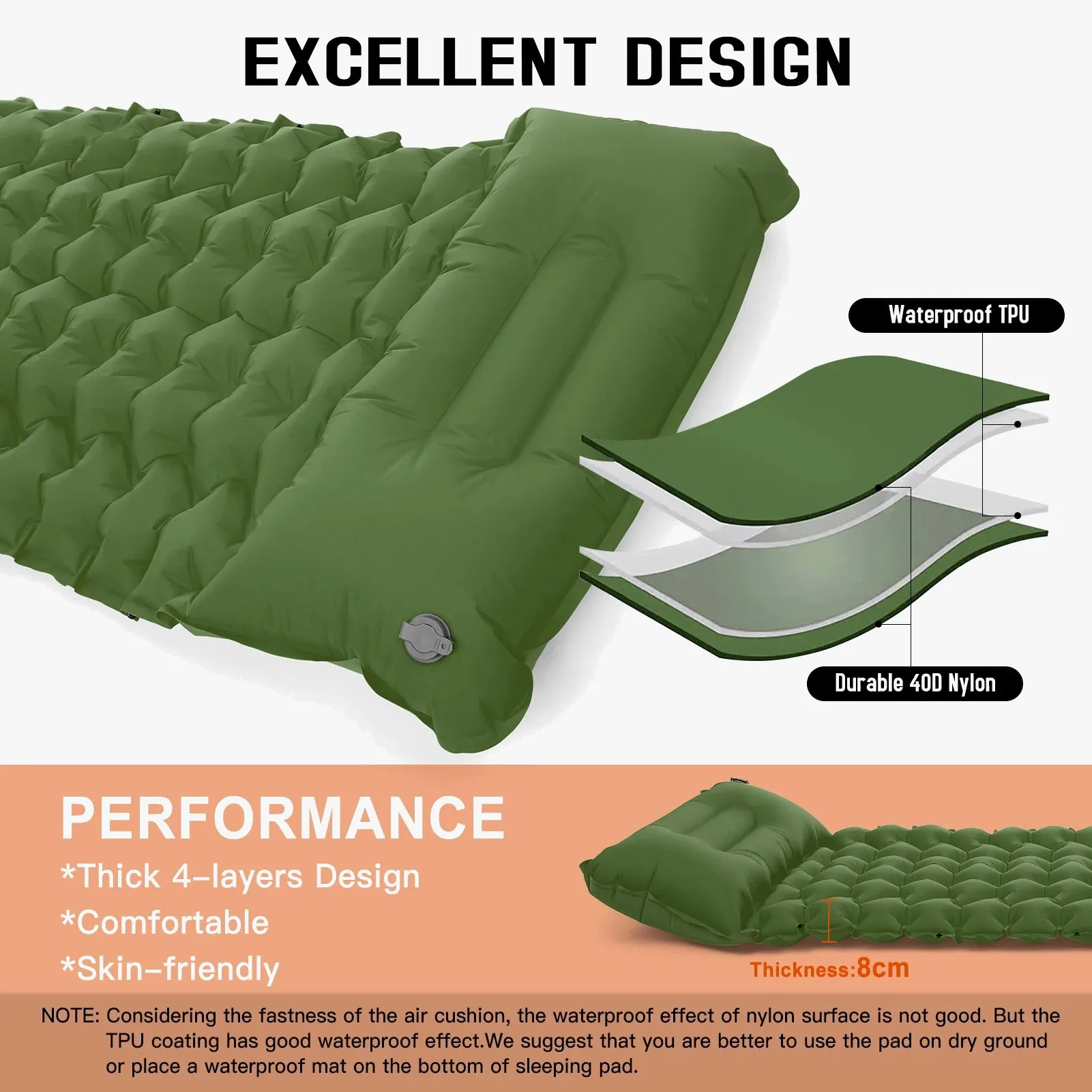 matelas de camping gonflable avec oreiller intégré et pompe