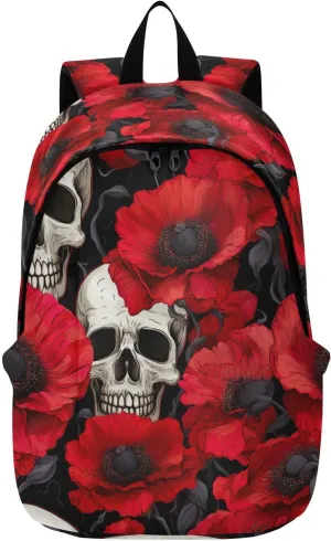MCHIVER Travel Backpack Red Poppy Flowers Skulls Casual Daypack Backpacks Lightweight Carry on Bag Water Resistant Hiking Backpack for Men Women
