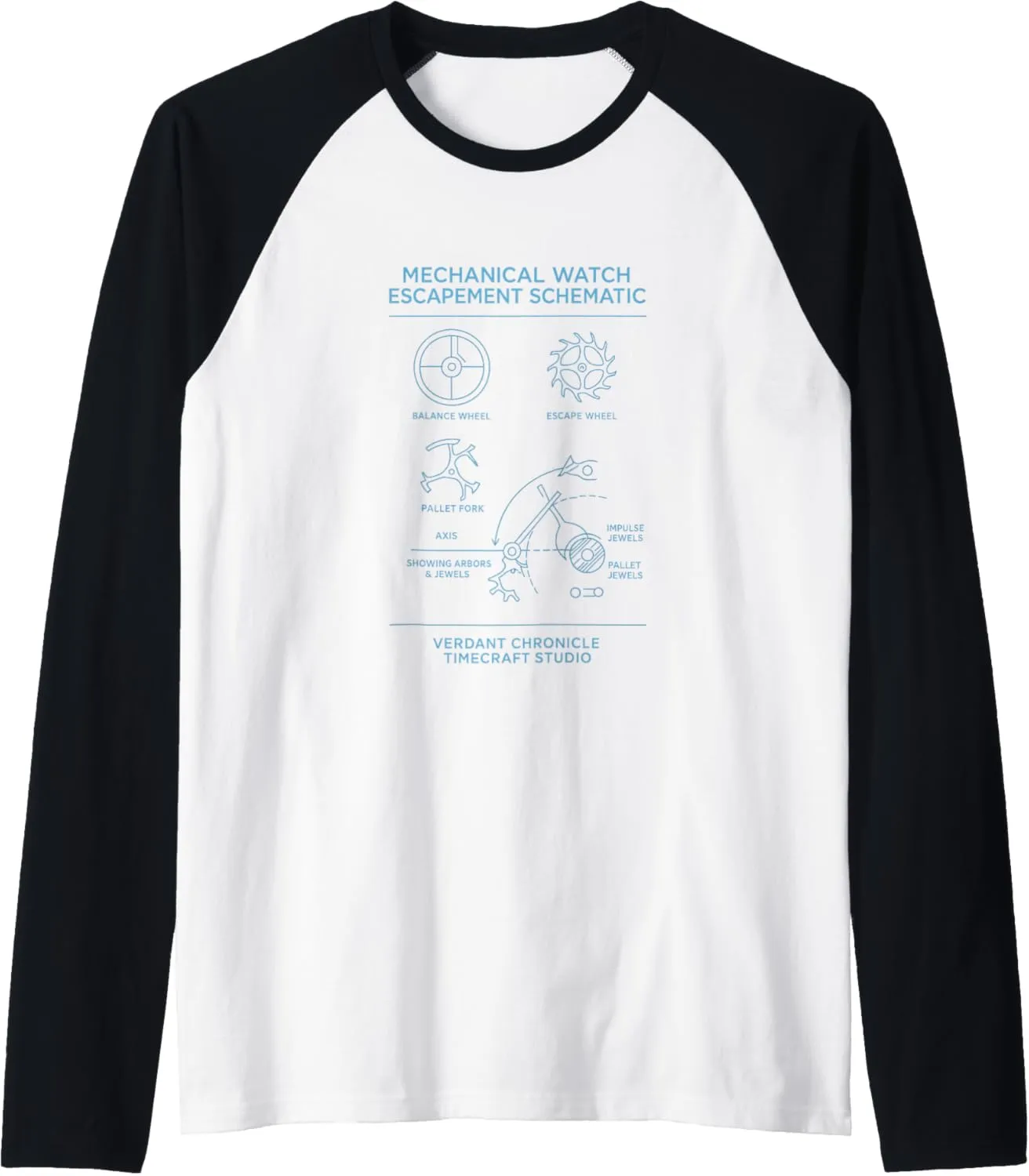 Mechanical Watch Escapement Blueprint Schematic Chart Raglan Baseball Tee