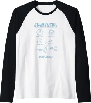 Mechanical Watch Escapement Blueprint Schematic Chart Raglan Baseball Tee
