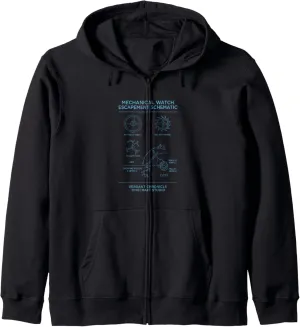 Mechanical Watch Escapement Blueprint Schematic Chart Zip Hoodie