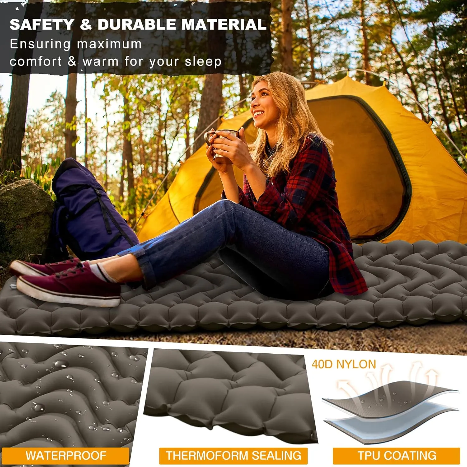 MEETPEAK Camping Pad, Foot Press Inflatable Sleeping Pad Thick 4 Inch Lightweight Camping Sleeping Mat Ultralight Compact Waterproof Air Mattress for Outdoor Hiking Hammock Backpacking Sleeping Bag