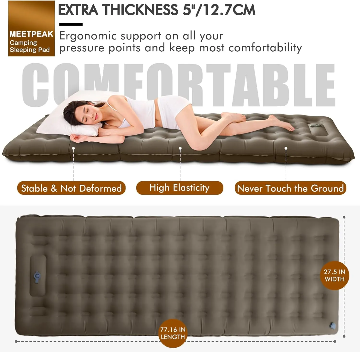 MEETPEAK Extra Thickness 5 inch Inflatable Sleeping Pad - Ultralight Compact Camping Sleeping Mat With Built-in Pump, Portable Camping Air Mattress for Tent Hiking Backpacking Traveling