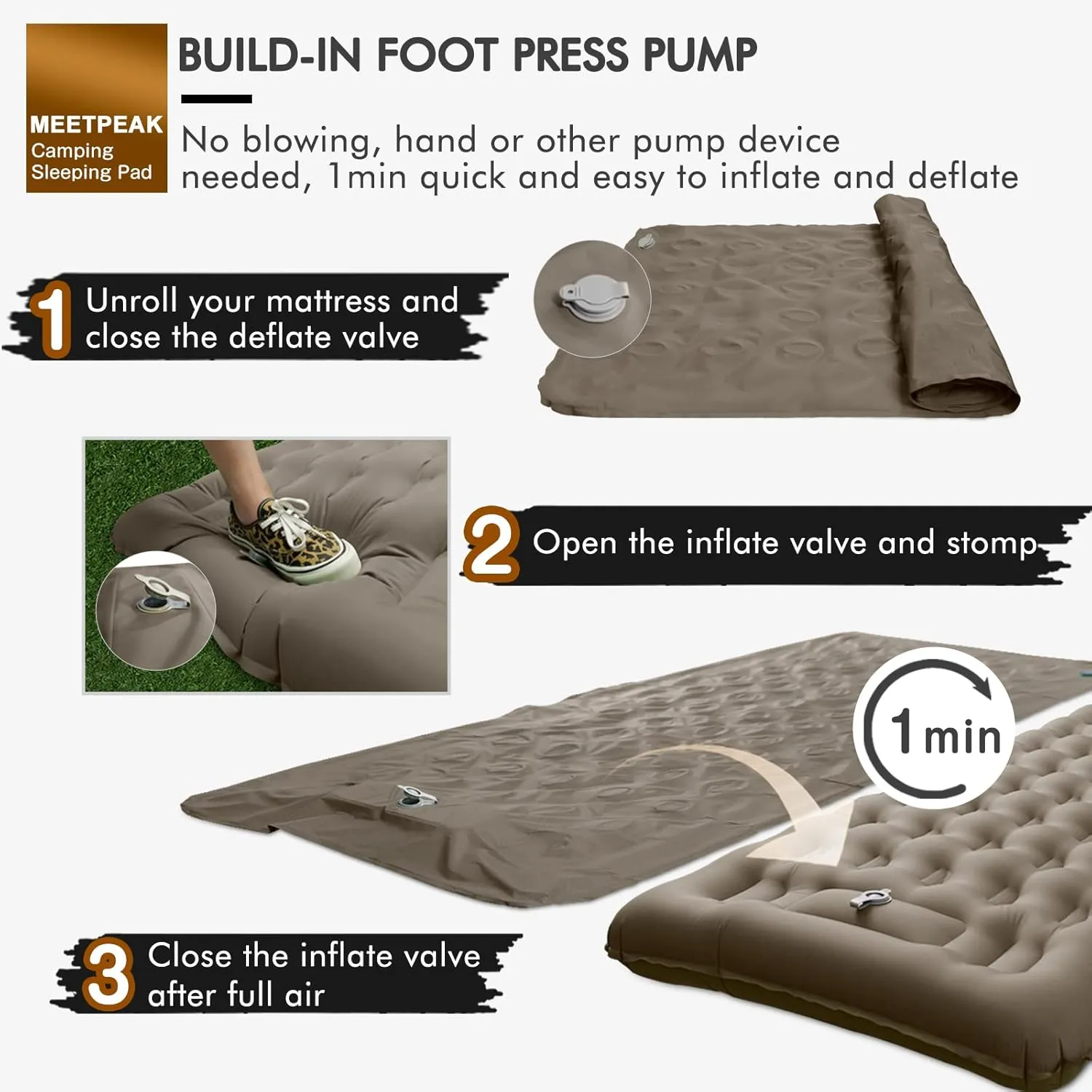 MEETPEAK Extra Thickness 5 inch Inflatable Sleeping Pad - Ultralight Compact Camping Sleeping Mat With Built-in Pump, Portable Camping Air Mattress for Tent Hiking Backpacking Traveling