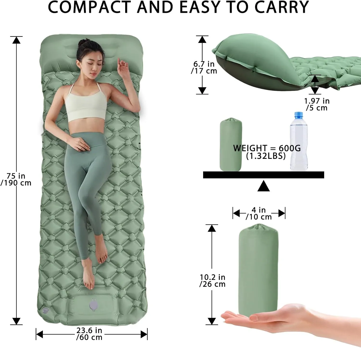 MEI&CO Lightweight Convertible Double Inflatable Camping Pad – 2-in-1 Single Pads Built-in Pillow – Quick Inflate Foot Pump, 660lb Capacity – Perfect for Couples & Family Adventures (2, Green)