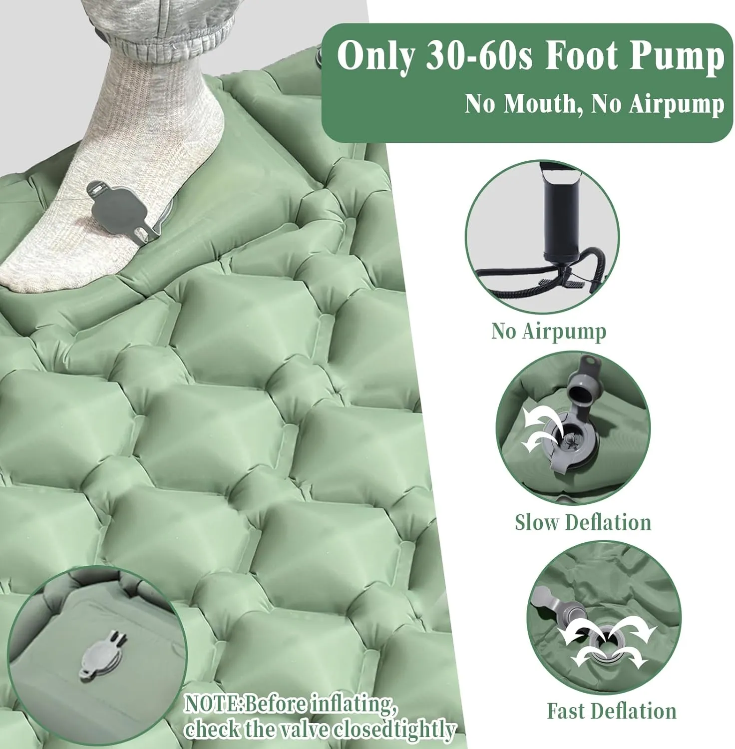 MEI&CO Lightweight Convertible Double Inflatable Camping Pad – 2-in-1 Single Pads Built-in Pillow – Quick Inflate Foot Pump, 660lb Capacity – Perfect for Couples & Family Adventures (2, Green)