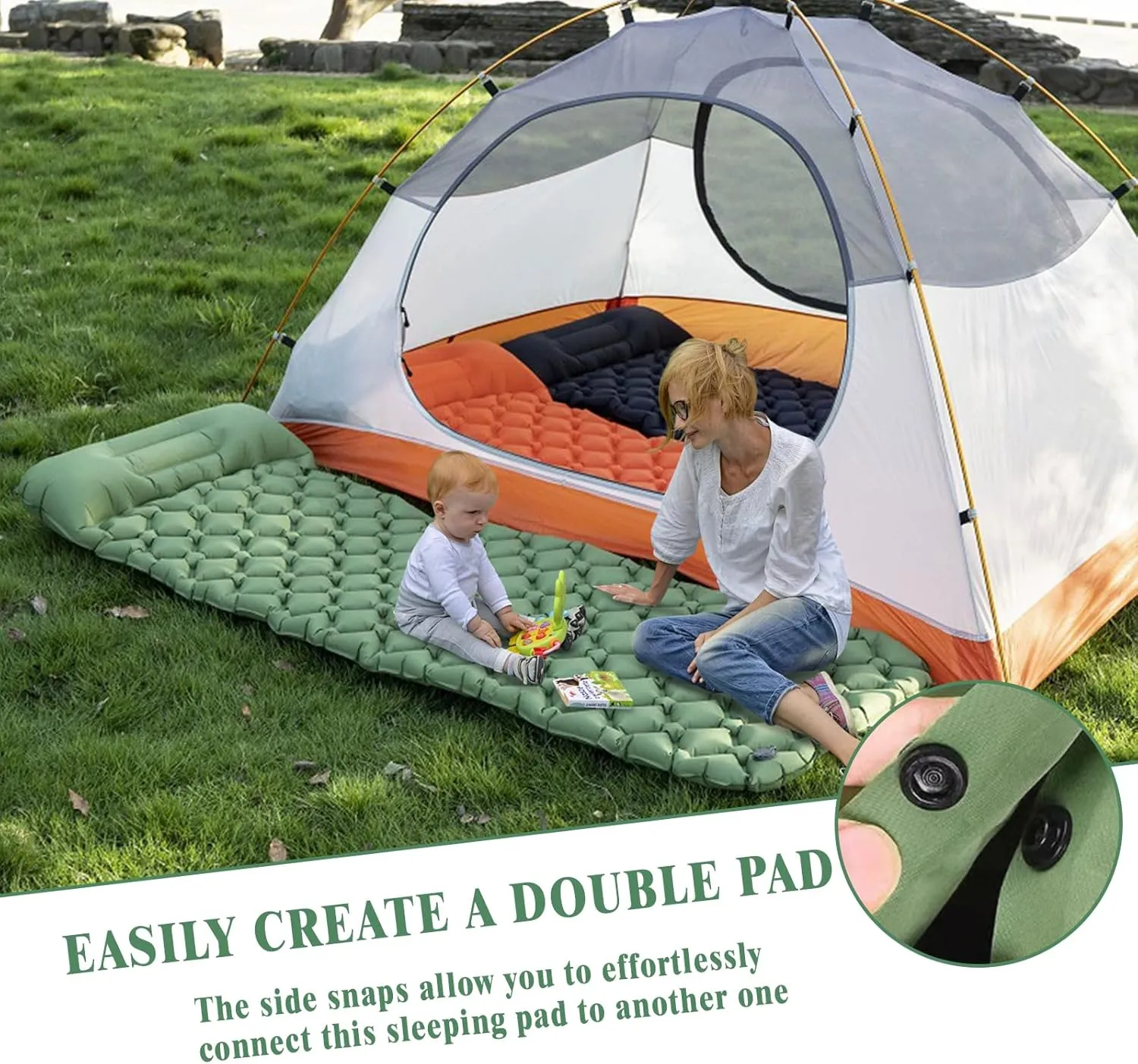 MEI&CO Lightweight Convertible Double Inflatable Camping Pad – 2-in-1 Single Pads Built-in Pillow – Quick Inflate Foot Pump, 660lb Capacity – Perfect for Couples & Family Adventures (2, Green)