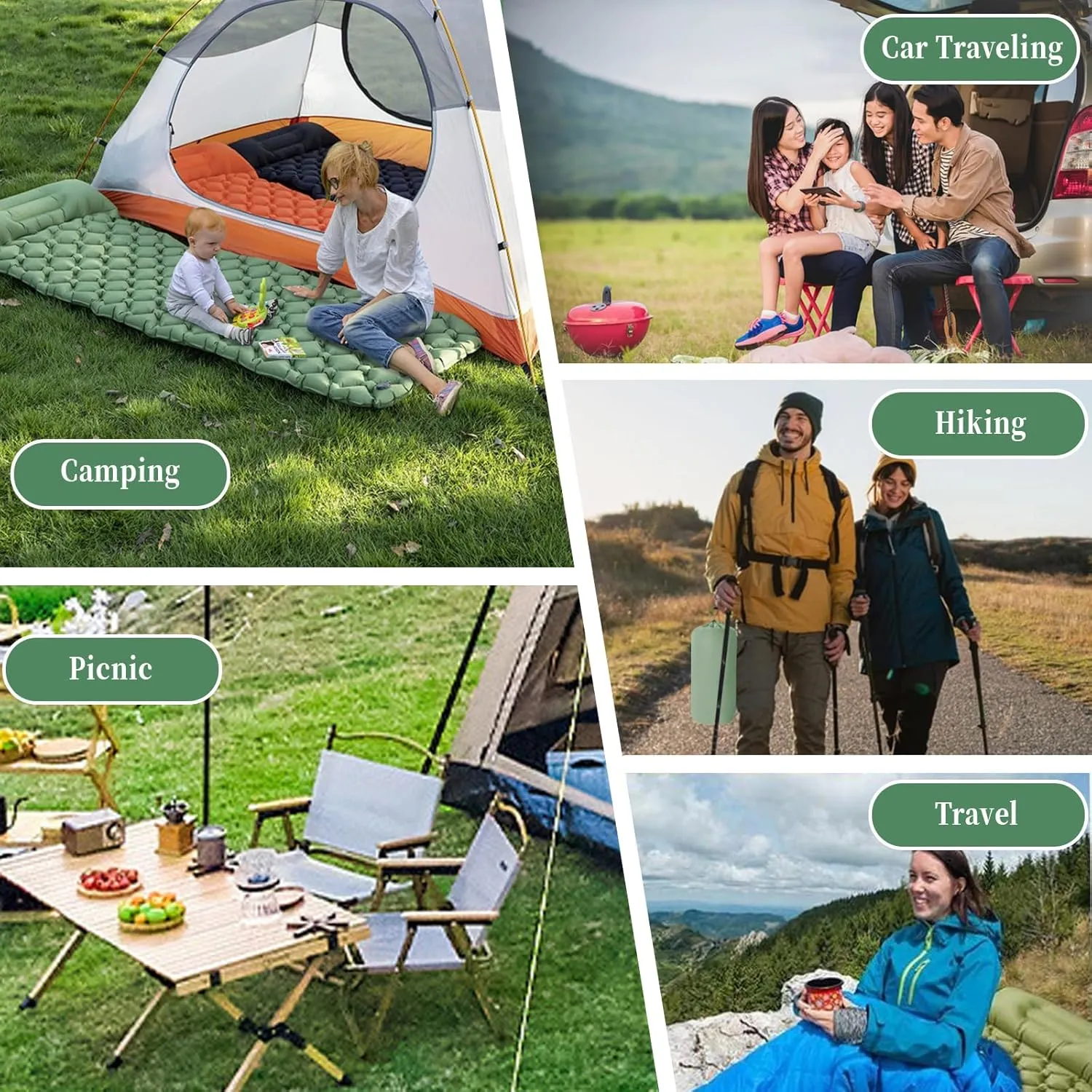 MEI&CO Lightweight Convertible Double Inflatable Camping Pad – 2-in-1 Single Pads Built-in Pillow – Quick Inflate Foot Pump, 660lb Capacity – Perfect for Couples & Family Adventures (2, Green)