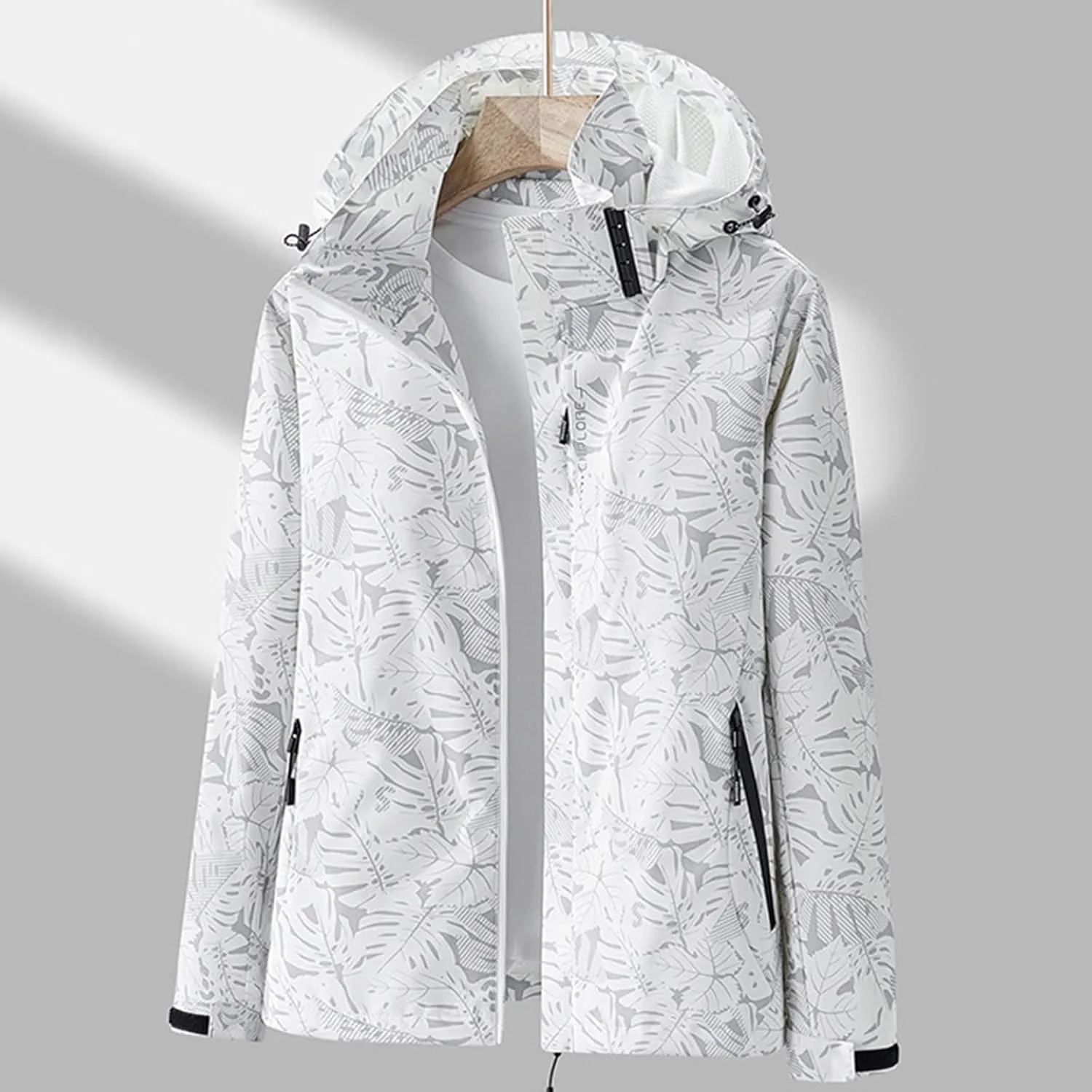 Mens Raincoat Hooded Long Sleeve Zipper with Pocket Outdoor Rain Jacket Waterproof Soft Windbreaker for Hiking Travel
