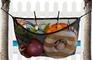 MeshTitan Heavy-Duty Beach Tent Organizer - Floats, Toys, Camping Organizer with Accessory Hooks and Extra-Long Straps (Black)