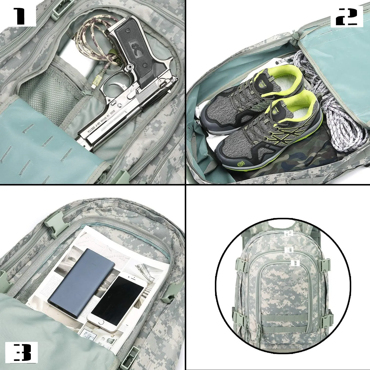 Military Outdoor Backpack Expandable Backpack Tactical Daypack With Waist Strap for Hiking Hunting Outdoor (ACU)