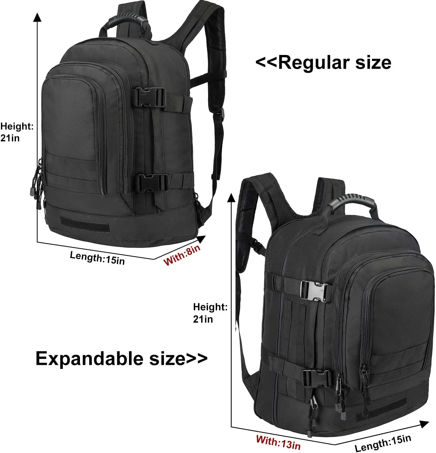 Military Outdoor Backpack Expandable Backpack Tactical Daypack With Waist Strap for Hiking Hunting Outdoor (Black)