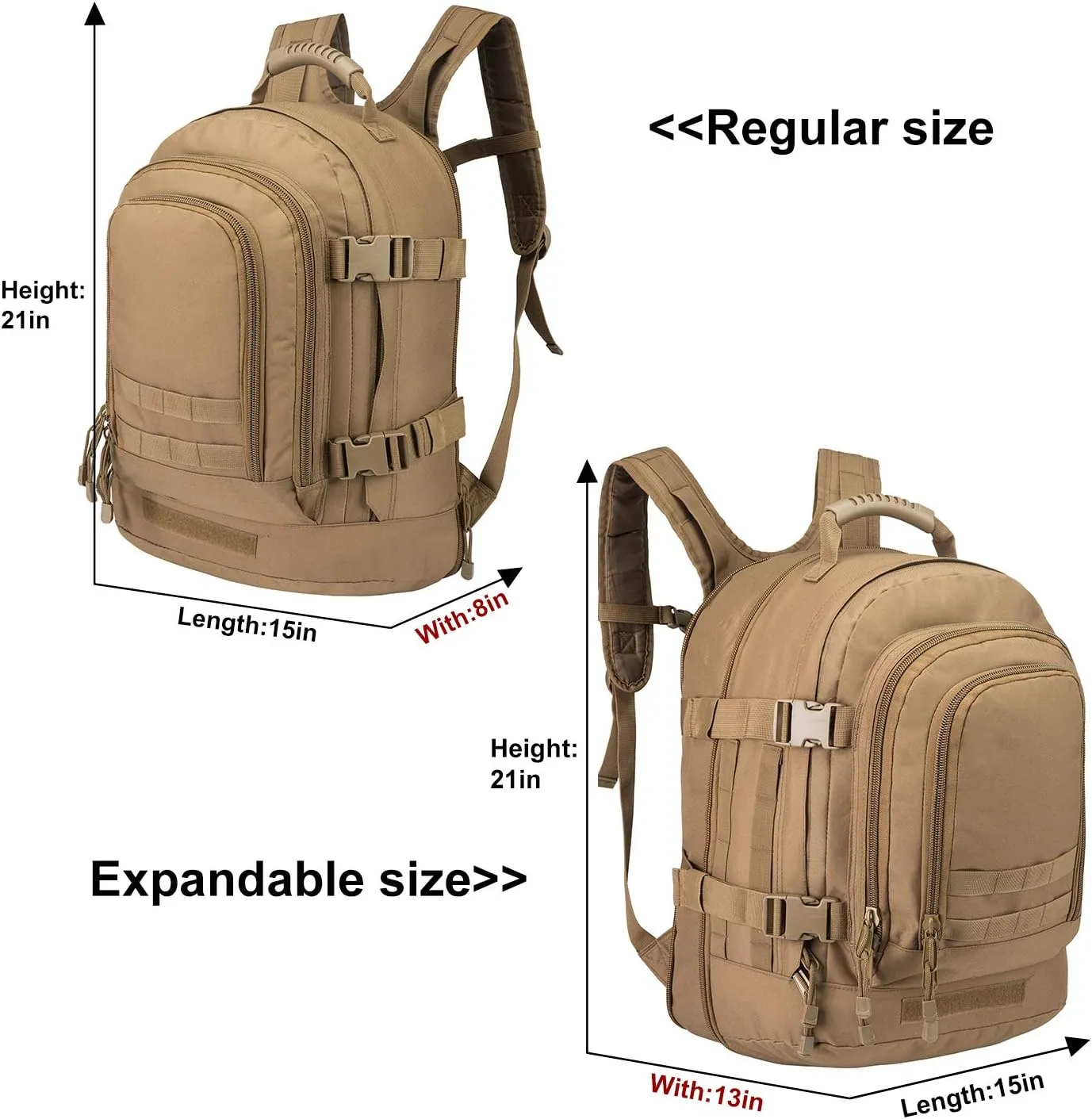Military Outdoor Backpack Expandable Backpack Tactical Daypack With Waist Strap for Hiking Hunting Outdoor (Tan)