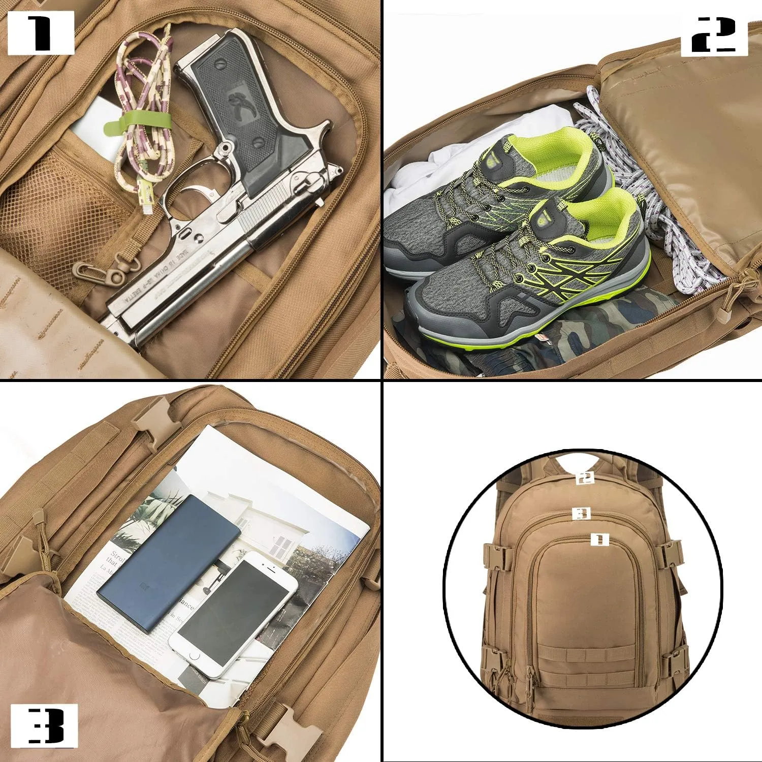 Military Outdoor Backpack Expandable Backpack Tactical Daypack With Waist Strap for Hiking Hunting Outdoor (Tan)