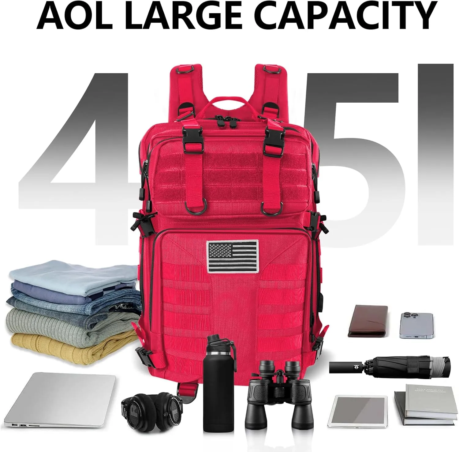 Military Tactical Backpack - 45L Large Assault Tactical Backpacks Molle Hiking Pack 3 Days Bug Out Bag - Waterproof Army Rucksack Tactical Gear for Camping/Traveling/Gym/Fishing-Red