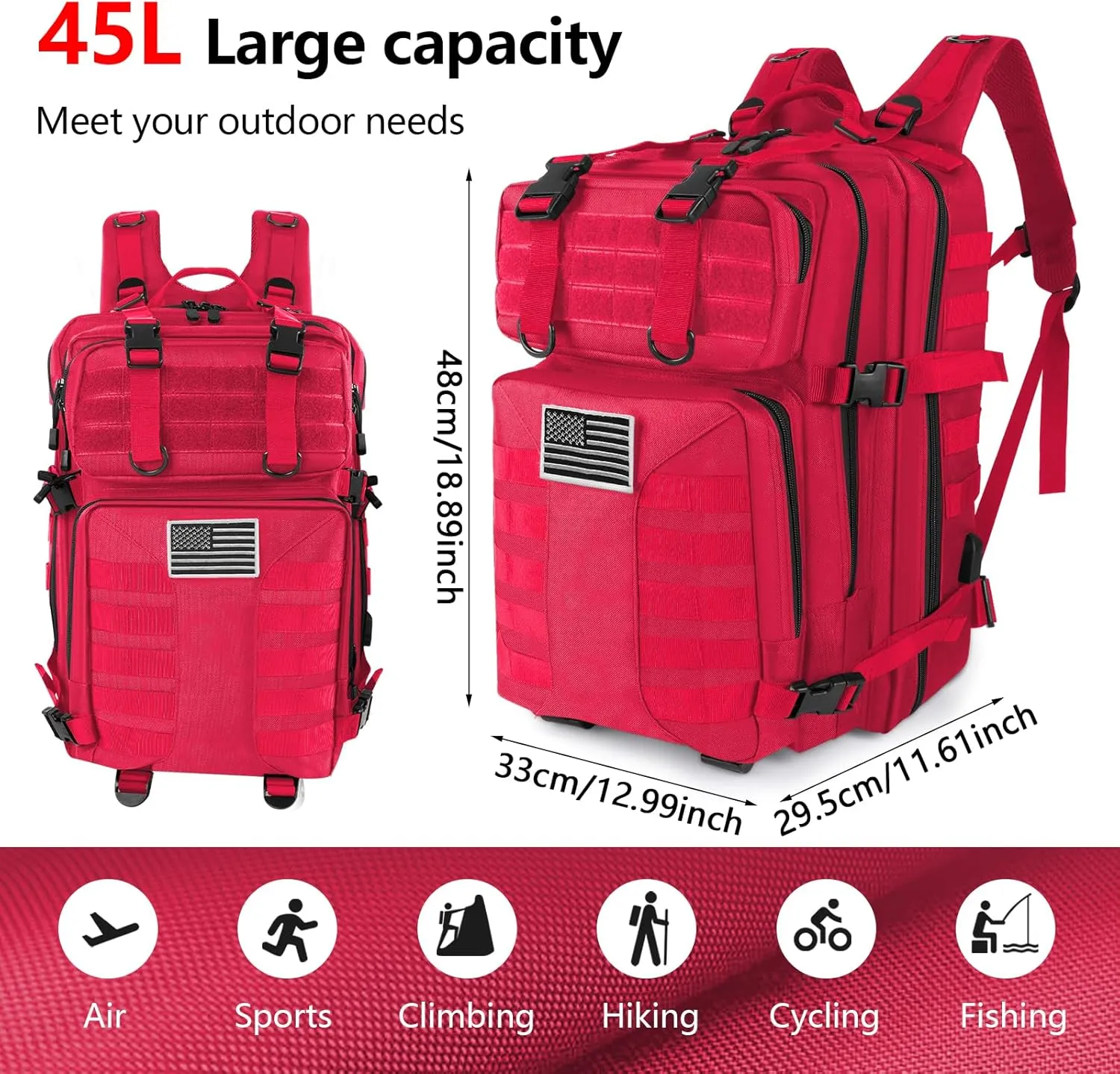 Military Tactical Backpack - 45L Large Assault Tactical Backpacks Molle Hiking Pack 3 Days Bug Out Bag - Waterproof Army Rucksack Tactical Gear for Camping/Traveling/Gym/Fishing-Red