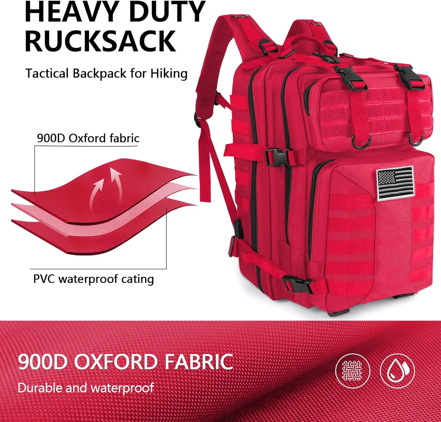 Military Tactical Backpack - 45L Large Assault Tactical Backpacks Molle Hiking Pack 3 Days Bug Out Bag - Waterproof Army Rucksack Tactical Gear for Camping/Traveling/Gym/Fishing-Red