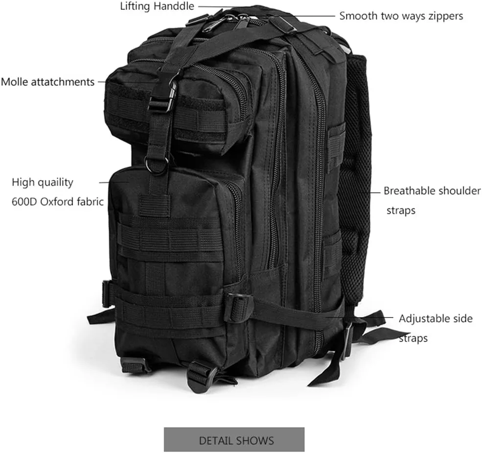 Military Tactical Backpack Assault Pack Molle Bug Out Bag Small Rucksack Molle Backpack for Hiking Camping Hunting Trekking Outdoor Tactical Combat Travel Bag 25L (Black)