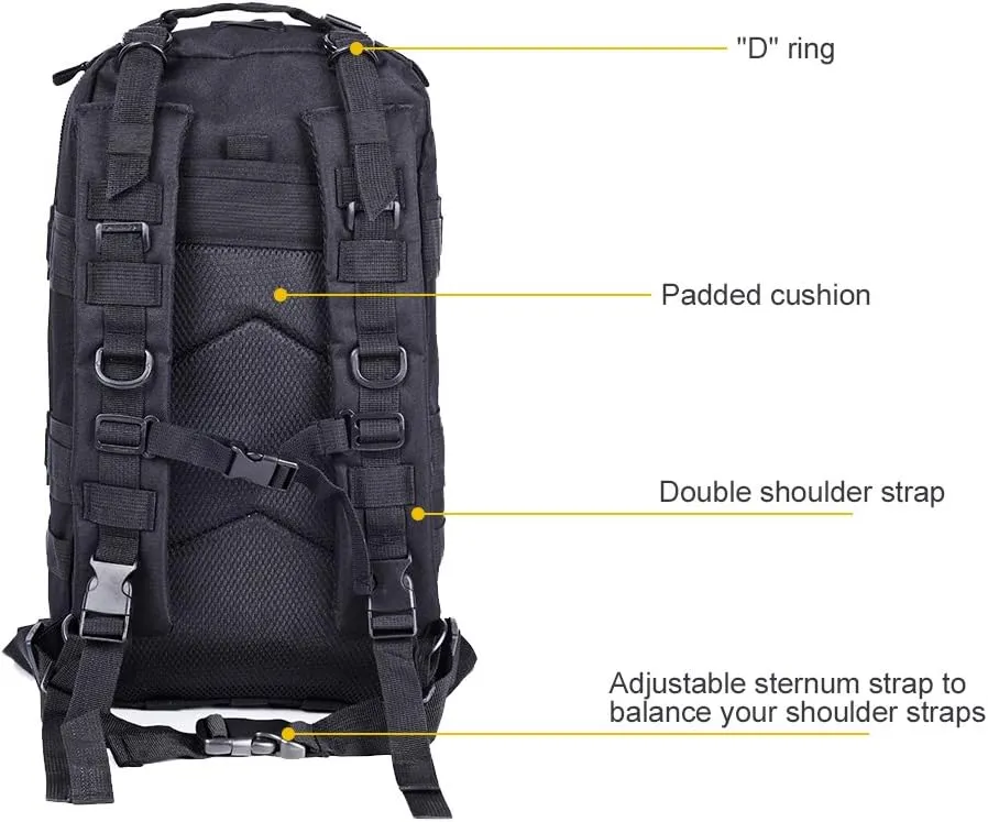 Military Tactical Backpack Assault Pack Molle Bug Out Bag Small Rucksack Molle Backpack for Hiking Camping Hunting Trekking Outdoor Tactical Combat Travel Bag 25L (Black)