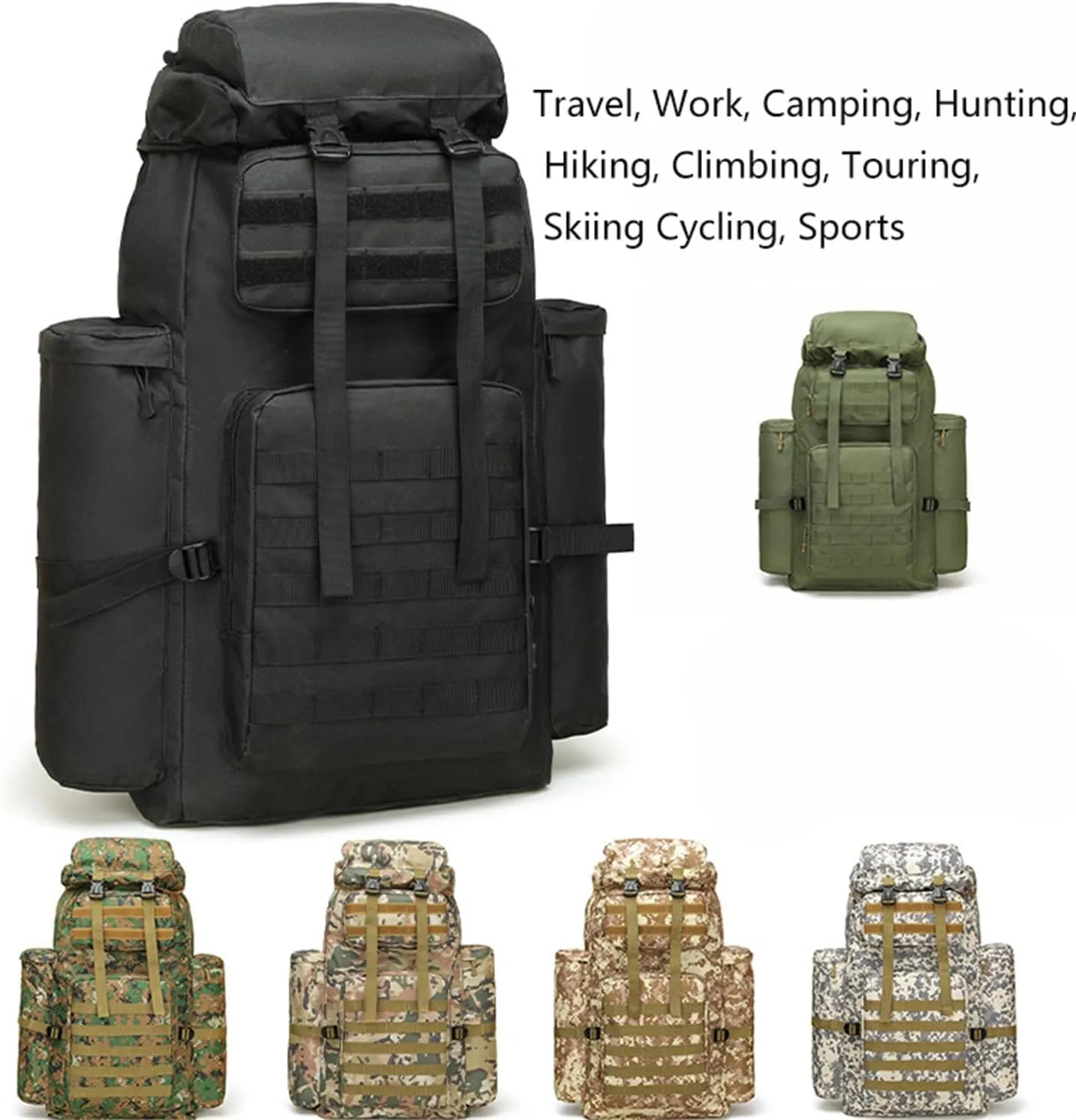 Military Tactical Backpack for Men, 100L Waterproof Camping Hiking Travel Hunting Daypack, Heavy Duty, Adjustable Straps (Camo-1)